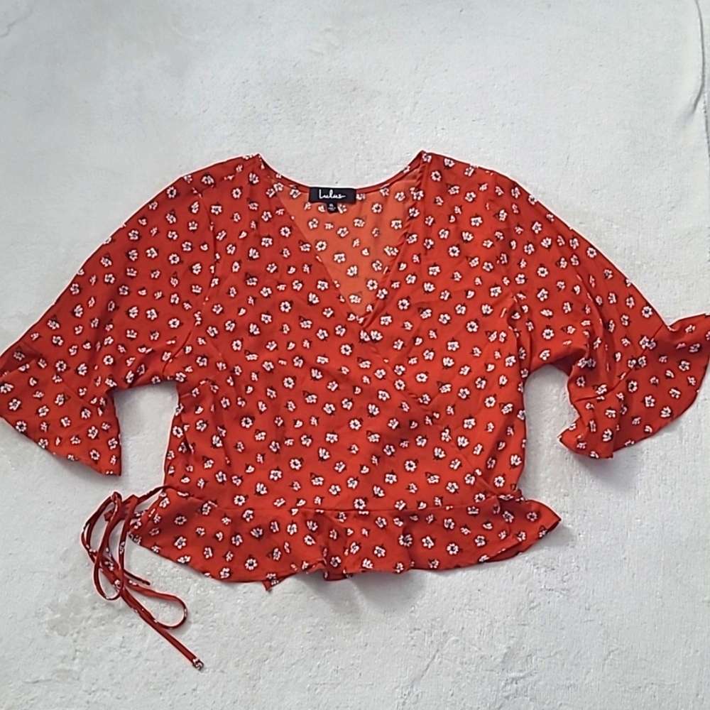 Lulus Ruffled Wrap Blouse Womens XL Floral 3/4 Bell Sleeve Preppy Boho V-Neck
